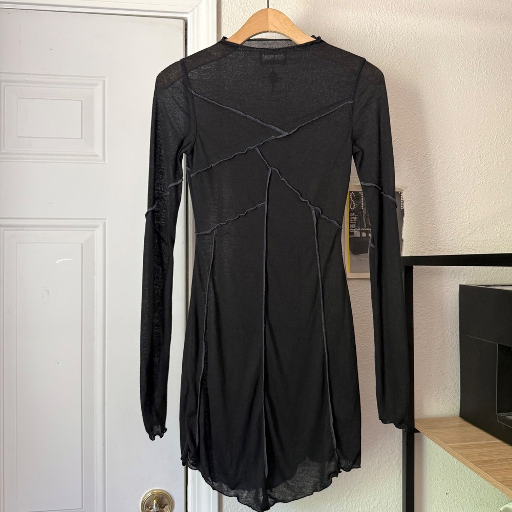 NWOT DARKER WAVS black mesh sheer knit bodycon mock neck long sleeve mini dress